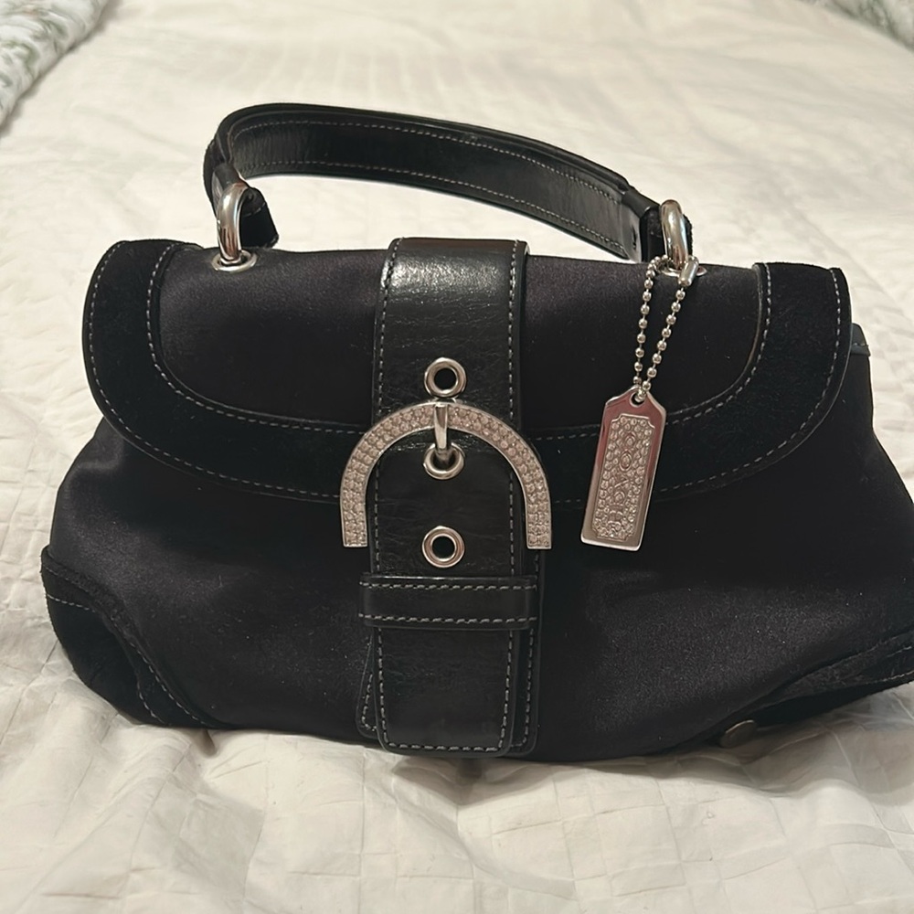 Coach Madison bag in black satin. Rhinestone buckle and tag